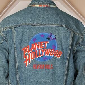 90s Vintage Planet Hollywood Embroidered Beverly Hills Trucker Denim Jean Jacket